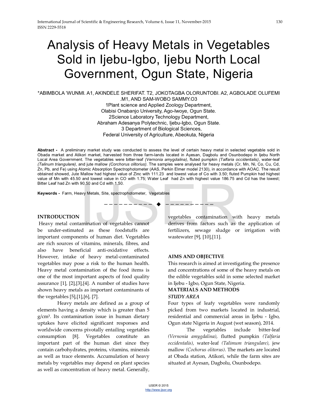 Analysis of Heavy Metals in Vegetables Sold in Ijebu-Igbo, Ijebu North Local Government, Ogun State, Nigeria