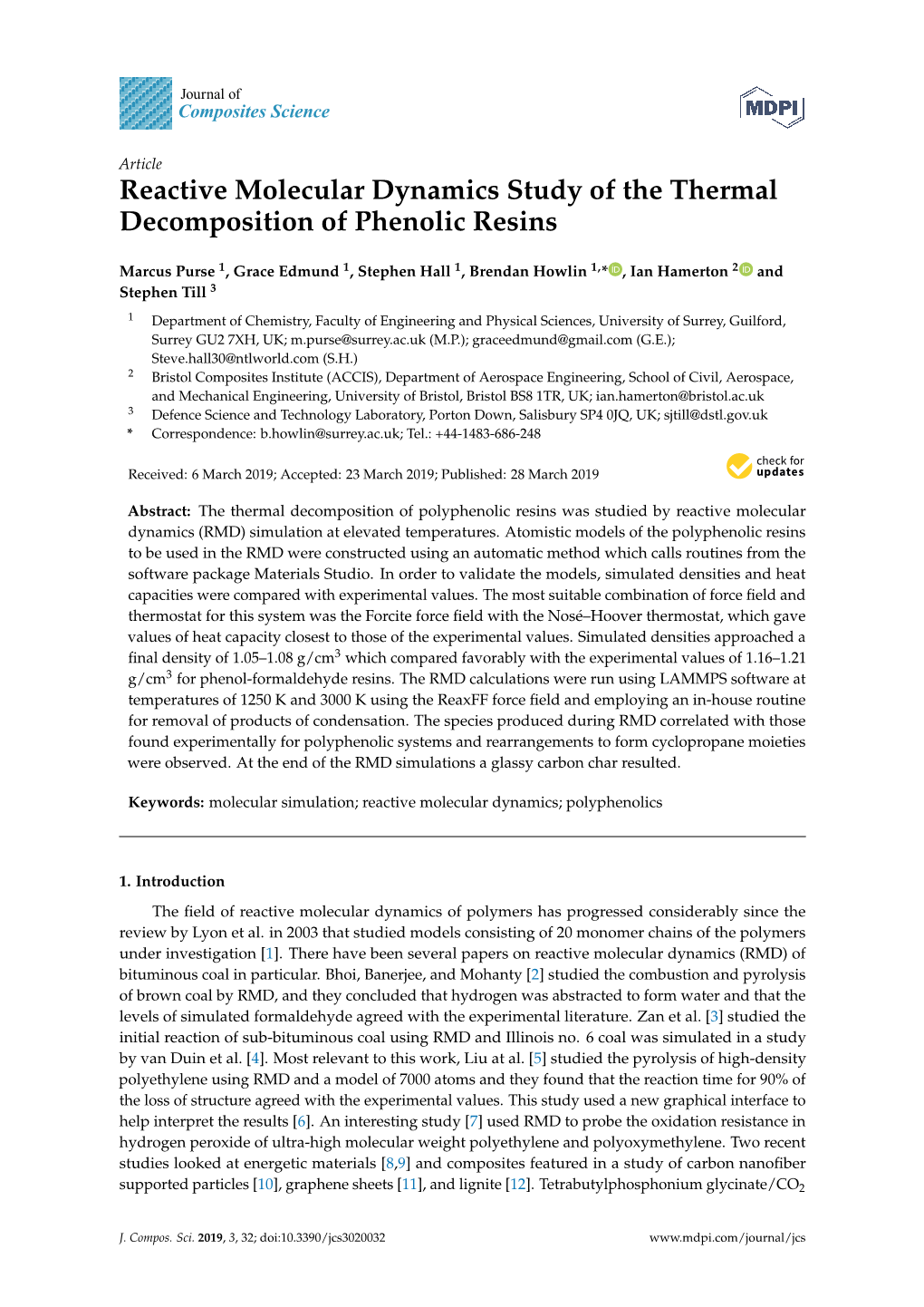 Reactive Molecular Dynamics Study of the Thermal Decomposition of Phenolic Resins