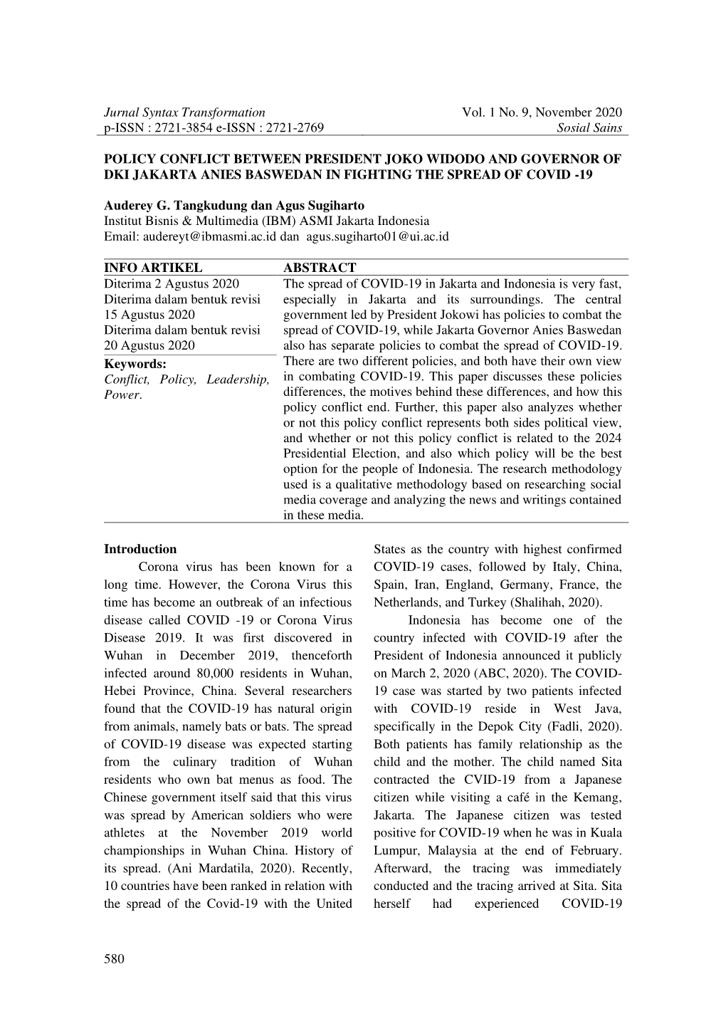 Policy Conflict Between President Joko Widodo and Governor of Dki Jakarta Anies Baswedan in Fighting the Spread of Covid -19