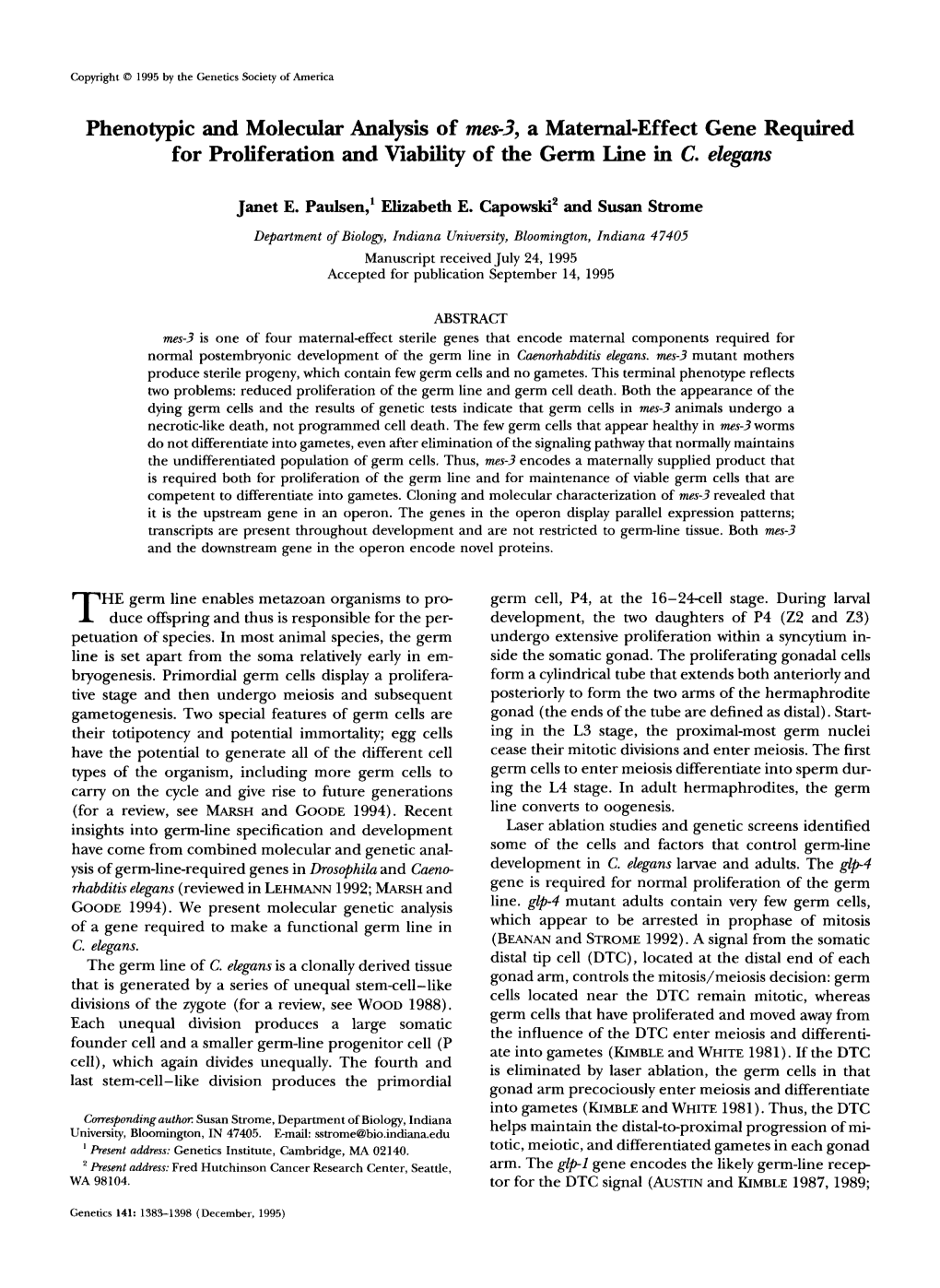 Phenotypic and Molecular Analysis of Mes-3, a Maternal-Effect Gene Required for Proliferation and Viability of the Germ Line in C