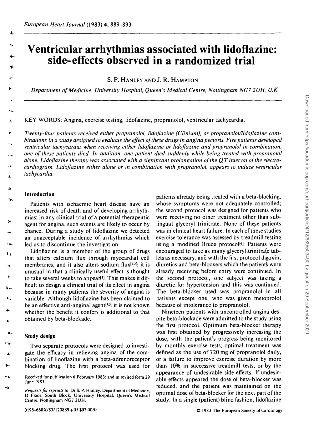 Ventricular Arrhythmias Associated with Lidoflazine: Side-Effects Observed in a Randomized Trial •Y