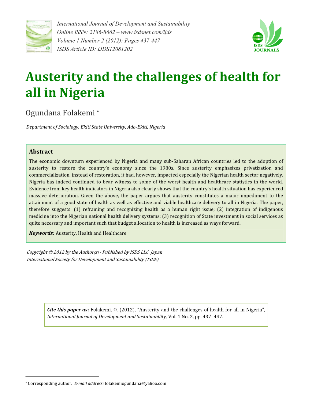 Austerity and the Challenges of Health for All in Nigeria