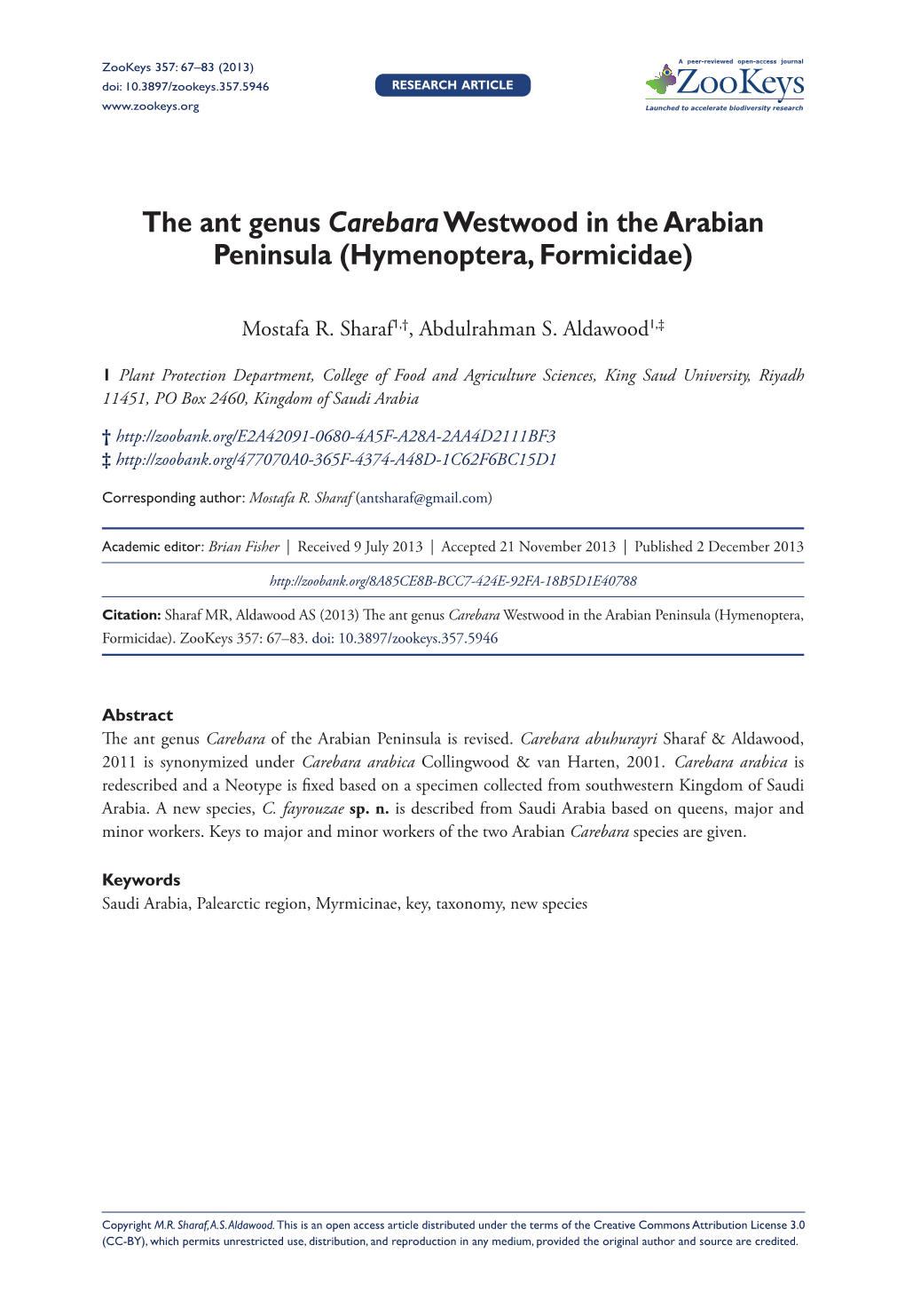 The Ant Genus Carebarawestwood in the Arabian Peninsula