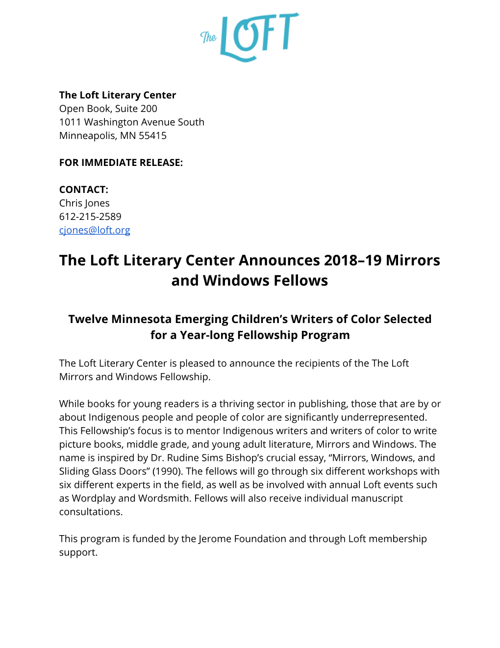 The Loft Literary Center Announces 2018–19 Mirrors and Windows Fellows