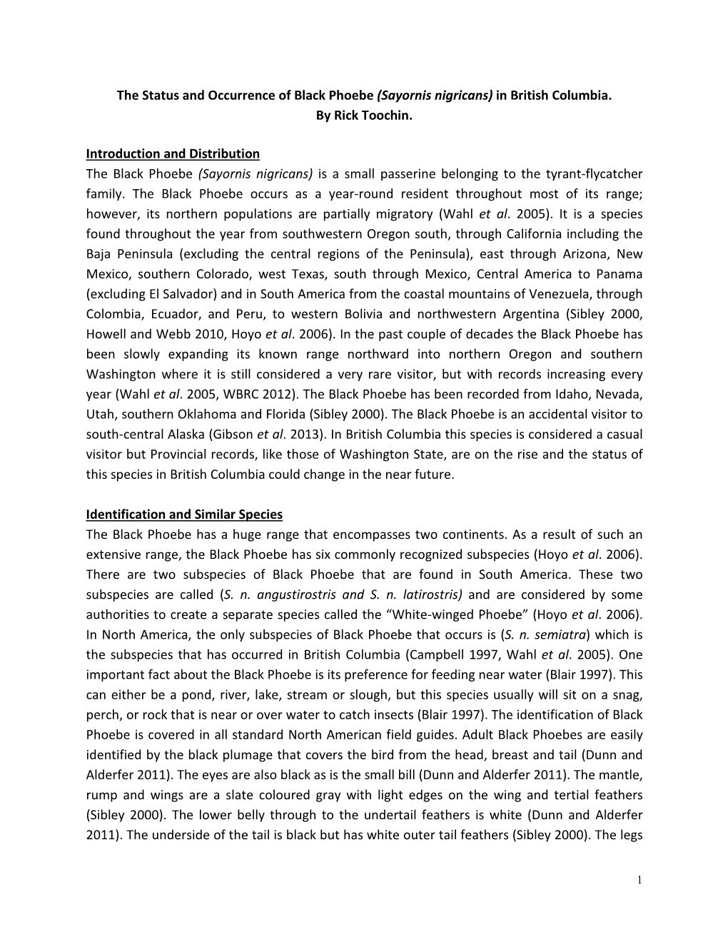 The Status and Occurrence of Black Phoebe (Sayornis Nigricans) in British Columbia