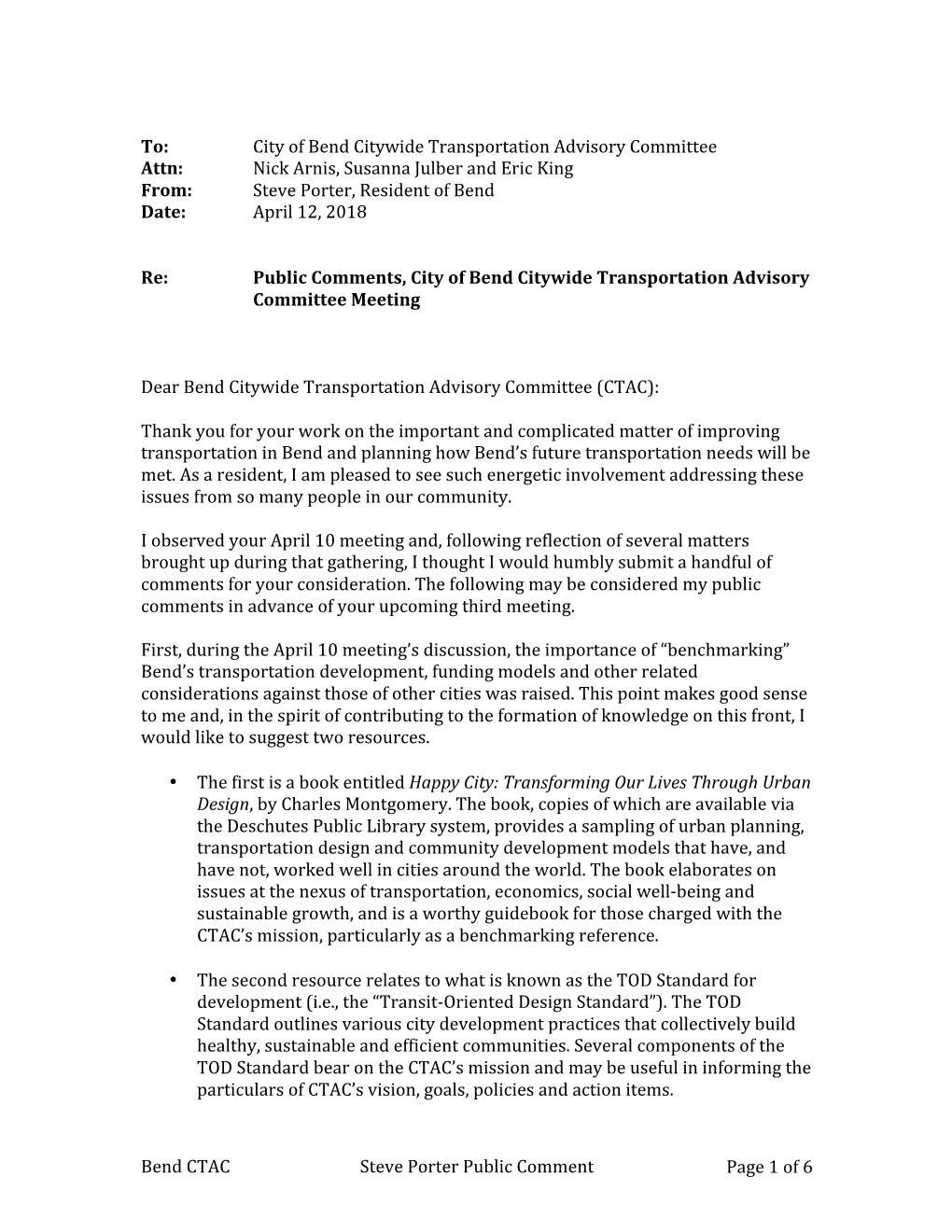 Bend CTAC Steve Porter Public Comment Page 1 of 6 To