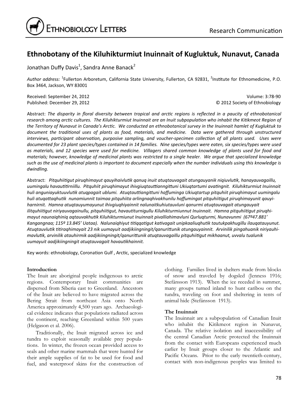 Ethnobotany of the Kiluhikturmiut Inuinnait of Kugluktuk, Nunavut, Canada