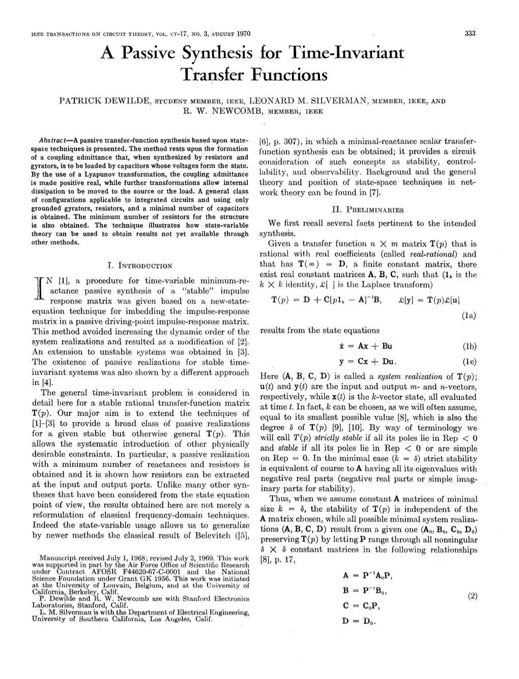 A Passive Synthesis for Time-Invariant Transfer Functions