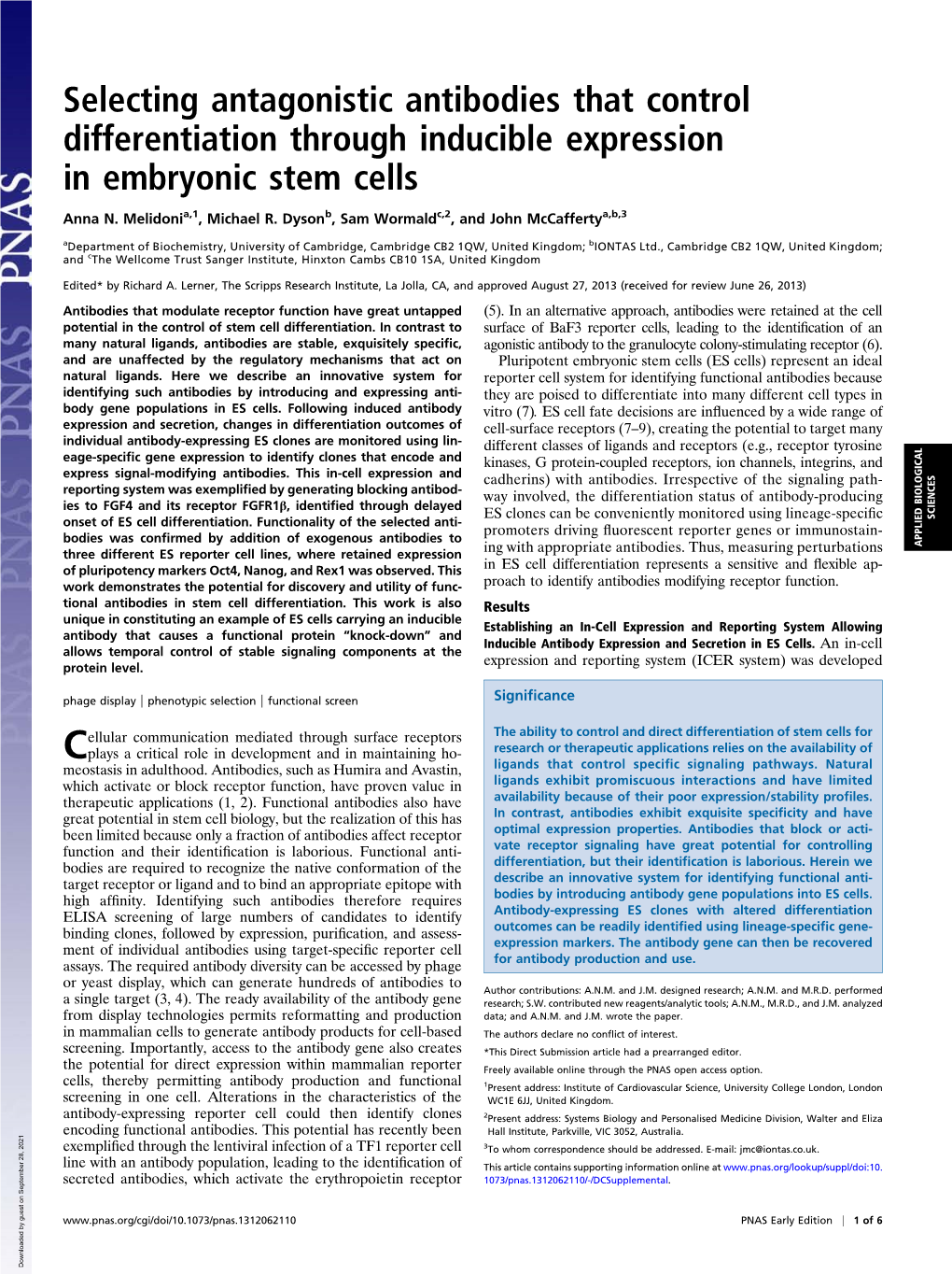 Selecting Antagonistic Antibodies That Control Differentiation Through Inducible Expression in Embryonic Stem Cells