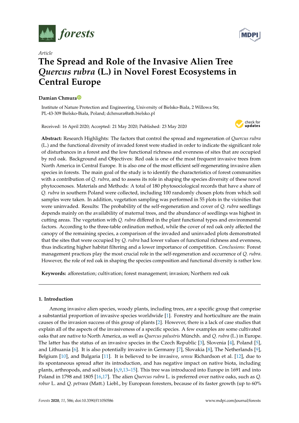 The Spread and Role of the Invasive Alien Tree Quercus Rubra (L.) in Novel Forest Ecosystems in Central Europe