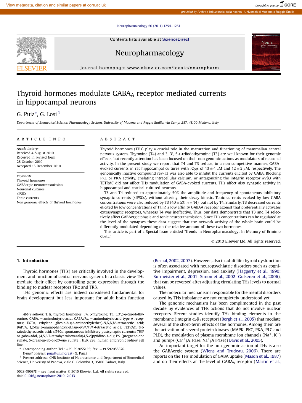 Thyroid Hormones Modulate GABAA Receptor-Mediated Currents in Hippocampal Neurons