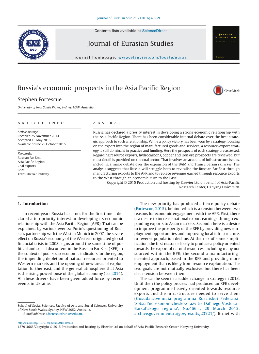 Russia's Economic Prospects in the Asia Pacific Region