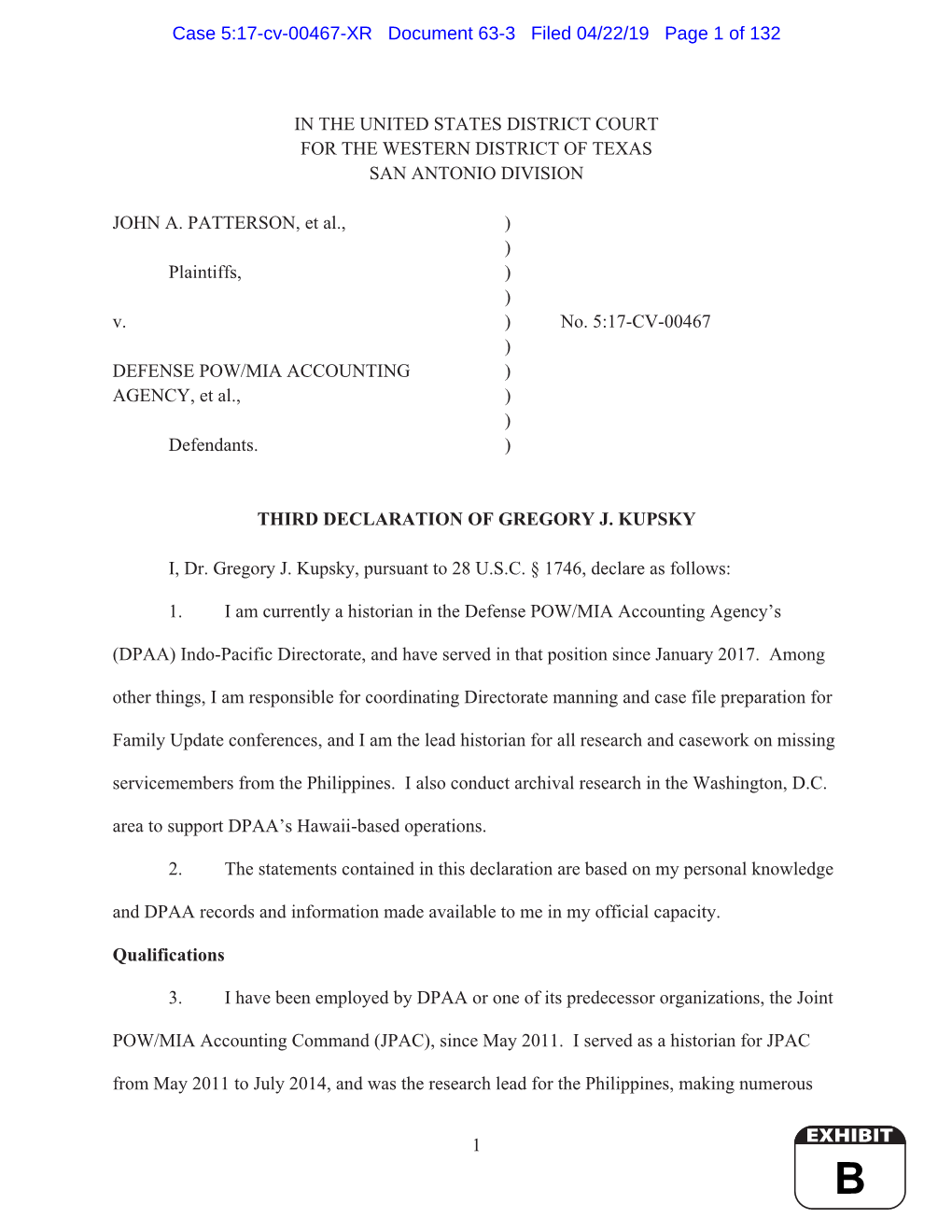 1 in the UNITED STATES DISTRICT COURT for the WESTERN DISTRICT of TEXAS SAN ANTONIO DIVISION JOHN A. PATTERSON, Et Al., ) ) Plai