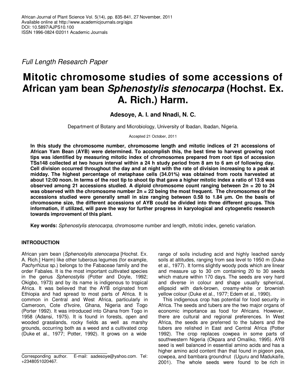 Mitotic Chromosome Studies of Some Accessions of African Yam Bean Sphenostylis Stenocarpa (Hochst