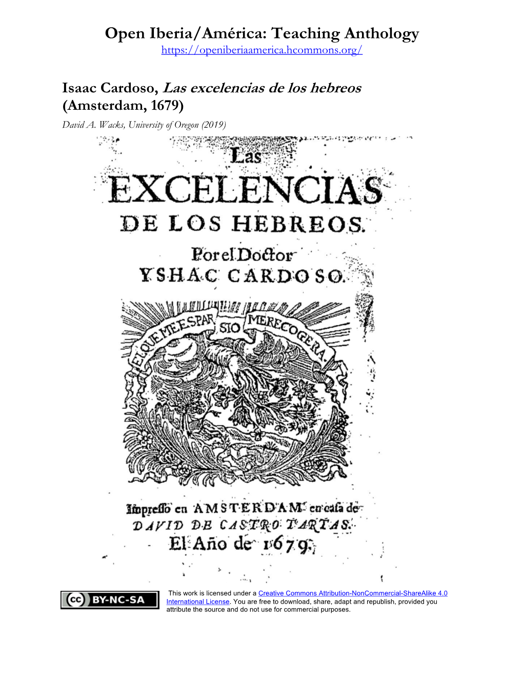 Isaac Cardoso, Las Excelencias De Los Hebreos (Amsterdam, 1679) David A