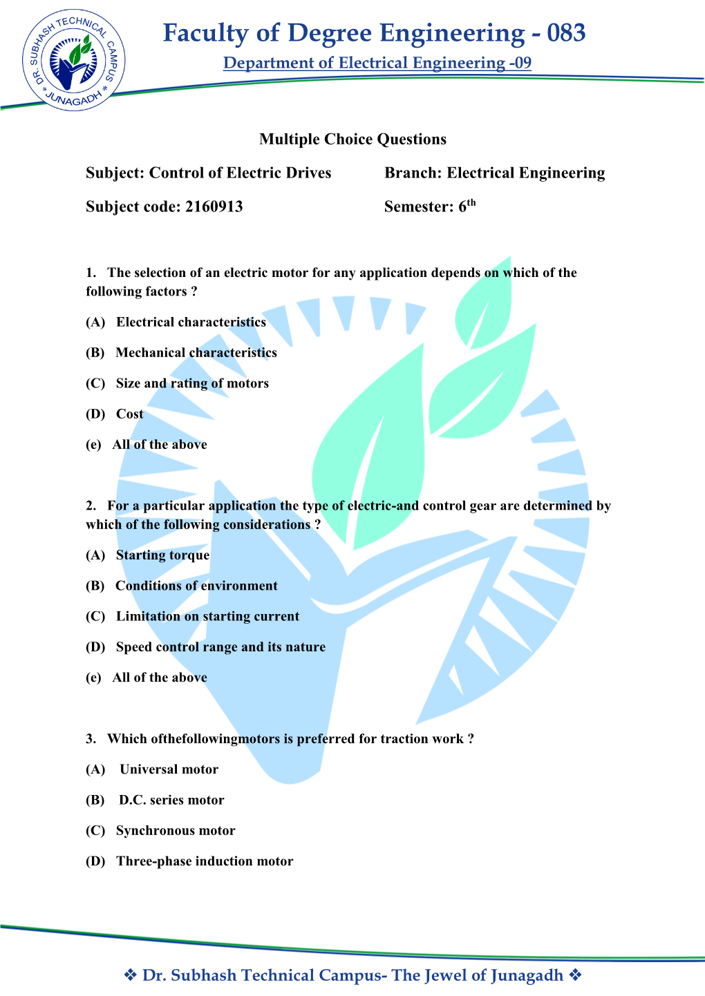 Faculty of Degree Engineering - 083 Department of Electrical Engineering -09