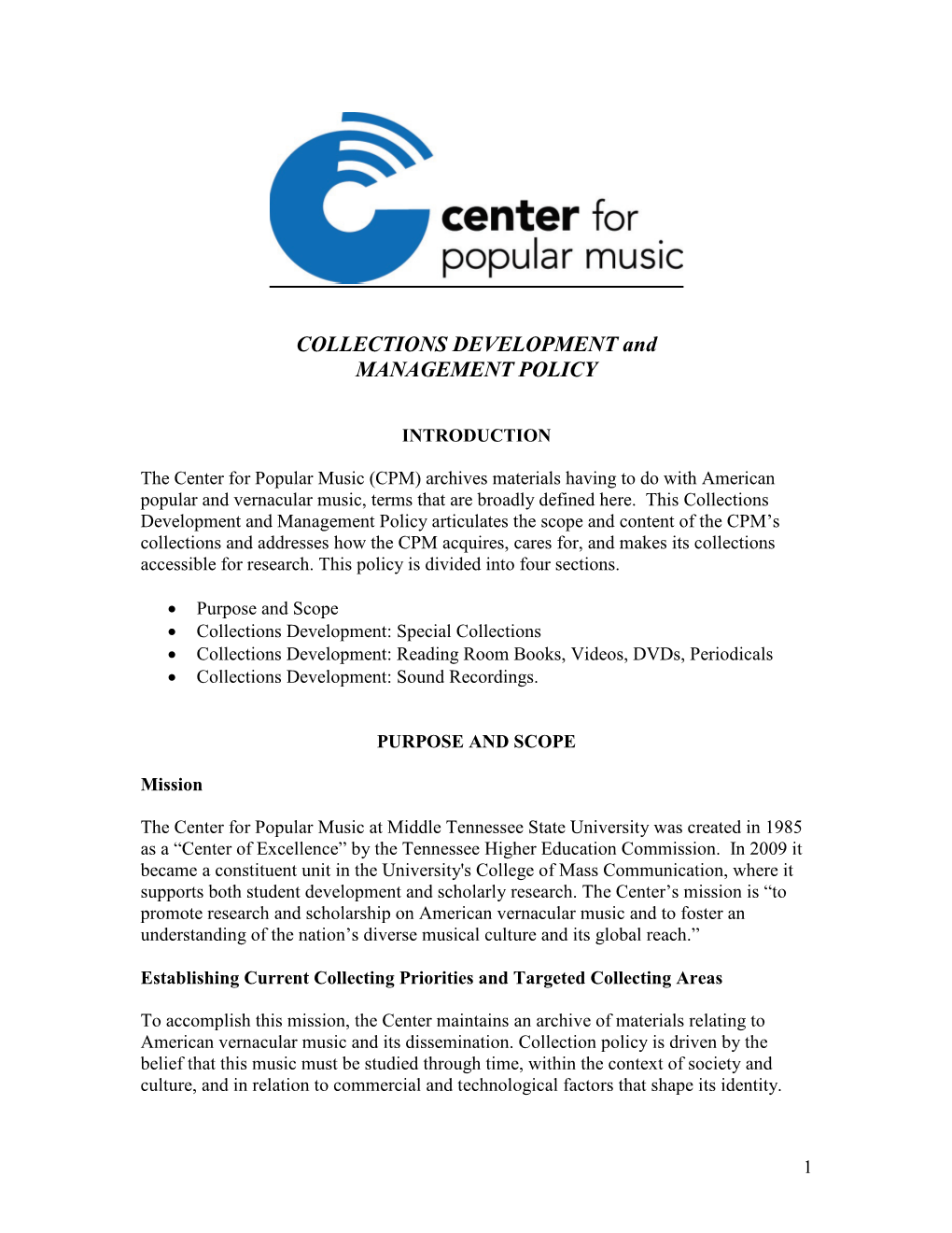 Collecting Policy for the Center for Popular Music