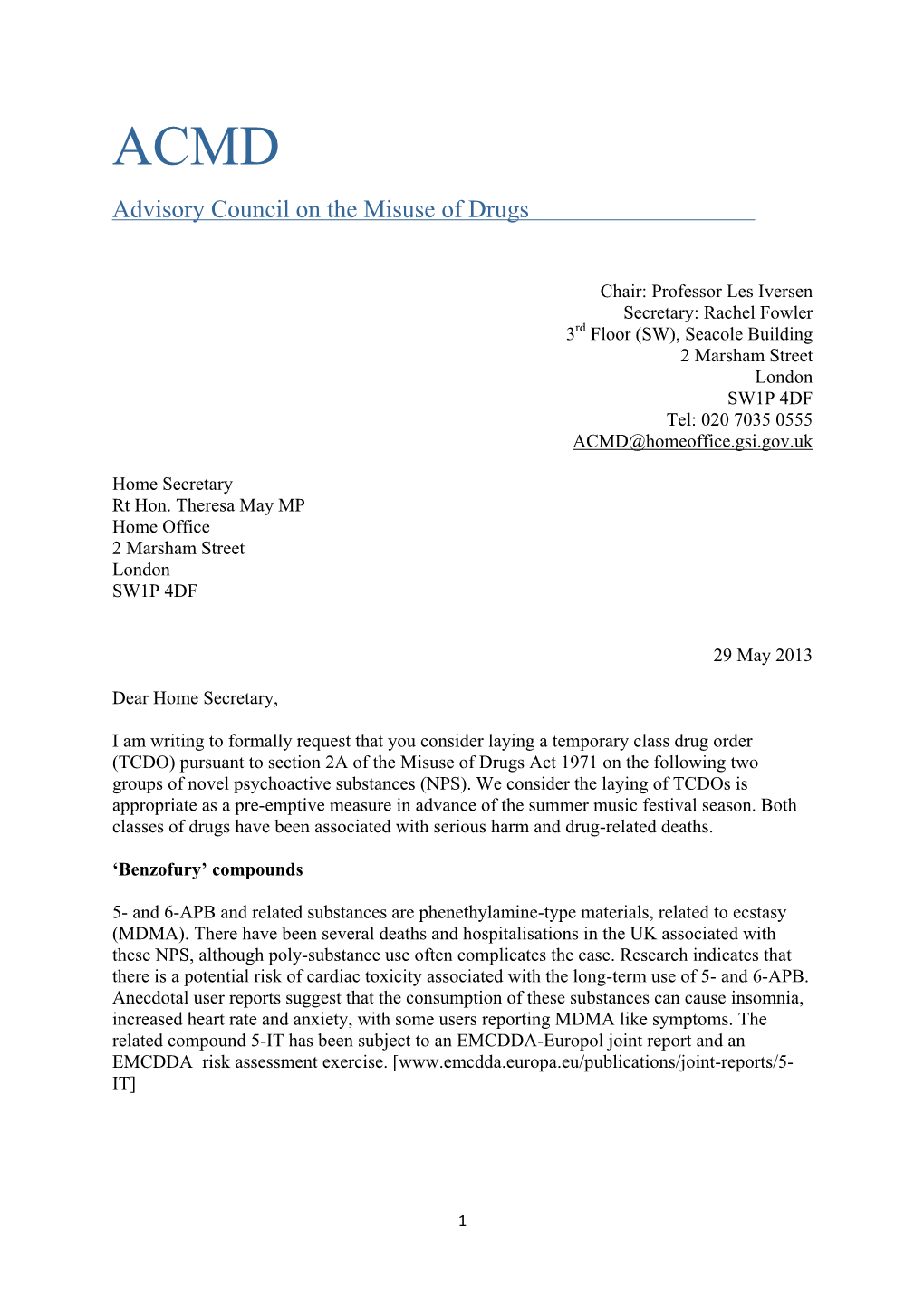 Temporary Class Drug Order Report: 5-6APB and Nbome Compounds