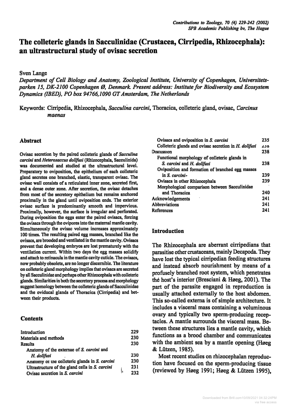 The Colleteric Glands in Sacculinidae (Crustacea, Cirripedia, Rhizocephala): an Ultrastructural Study of Ovisac Secretion