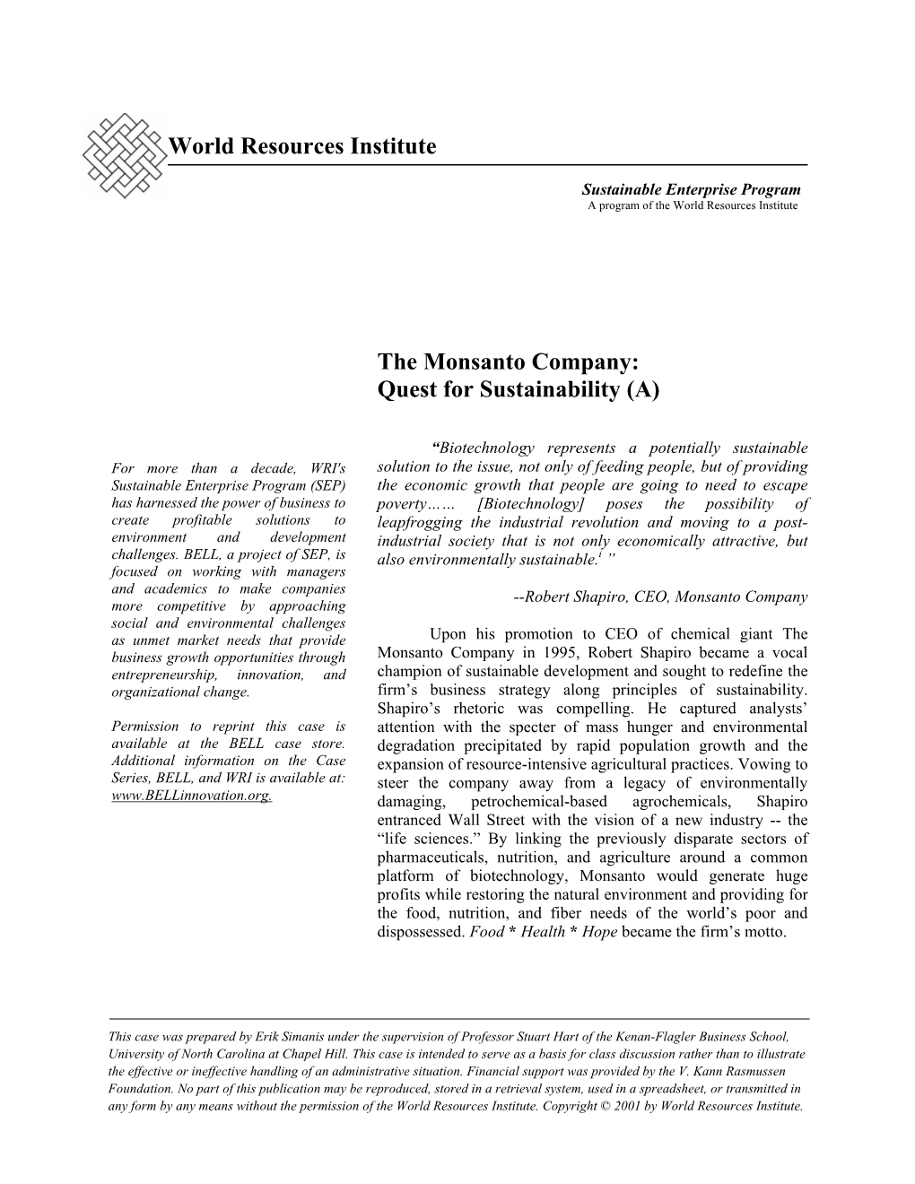 World Resources Institute the Monsanto Company