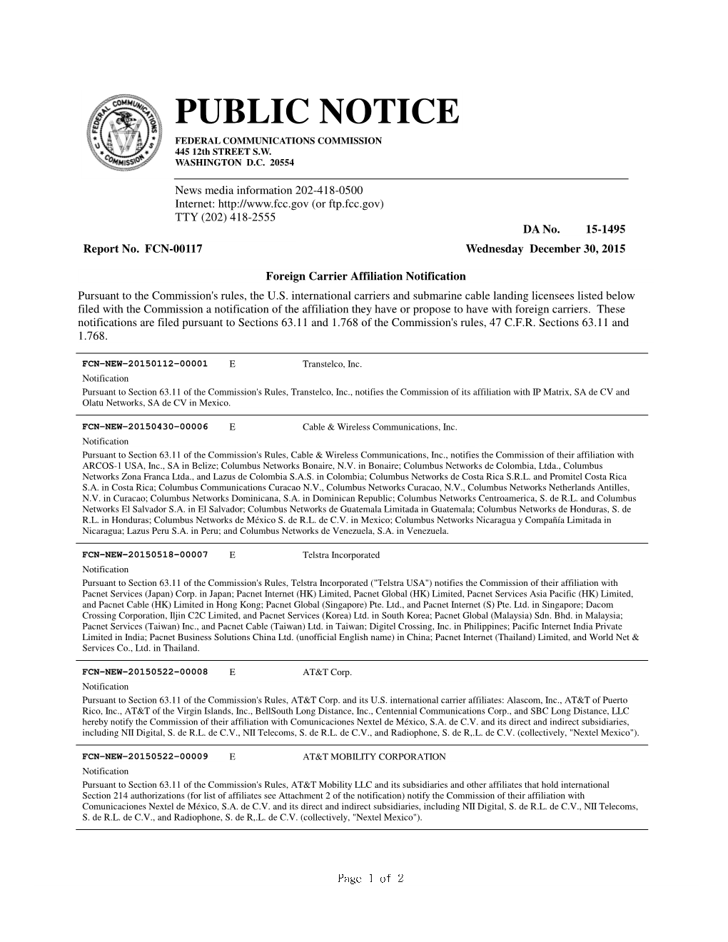 PUBLIC NOTICE FEDERAL COMMUNICATIONS COMMISSION 445 12Th STREET S.W