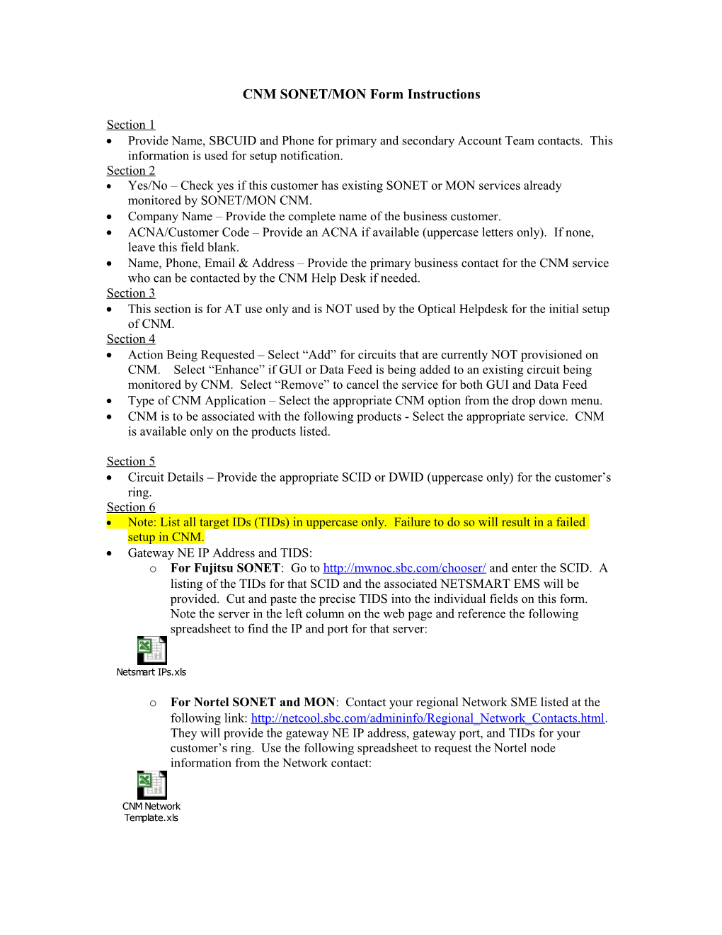 CNM SONET/MON Form Instructions