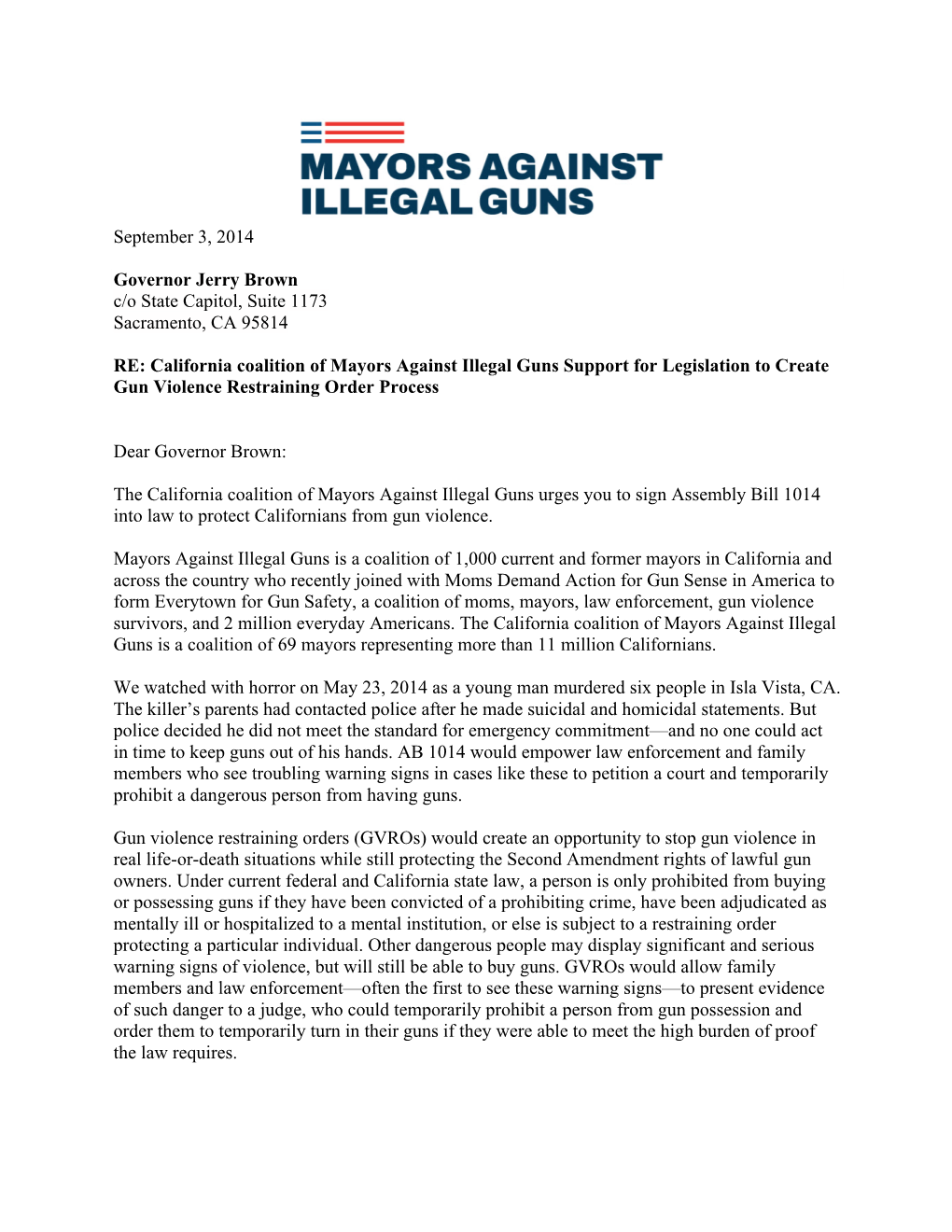 California Coalition of Mayors Against Illegal Guns Support for Legislation to Create Gun Violence Restraining Order Process