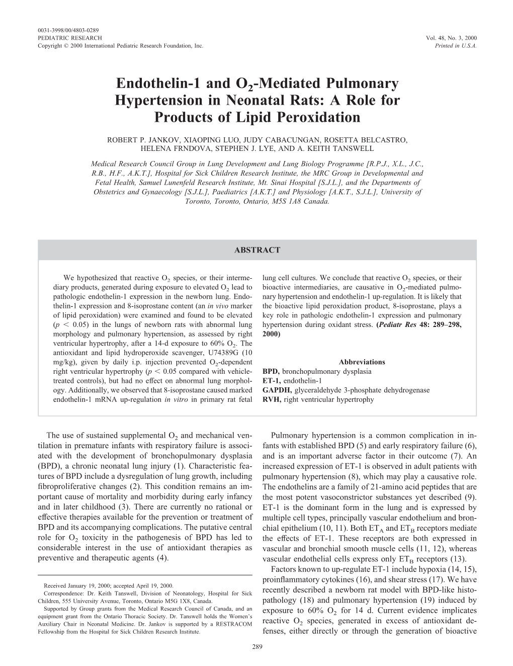 Mediated Pulmonary Hypertension in Neonatal Rats: a Role for Products of Lipid Peroxidation