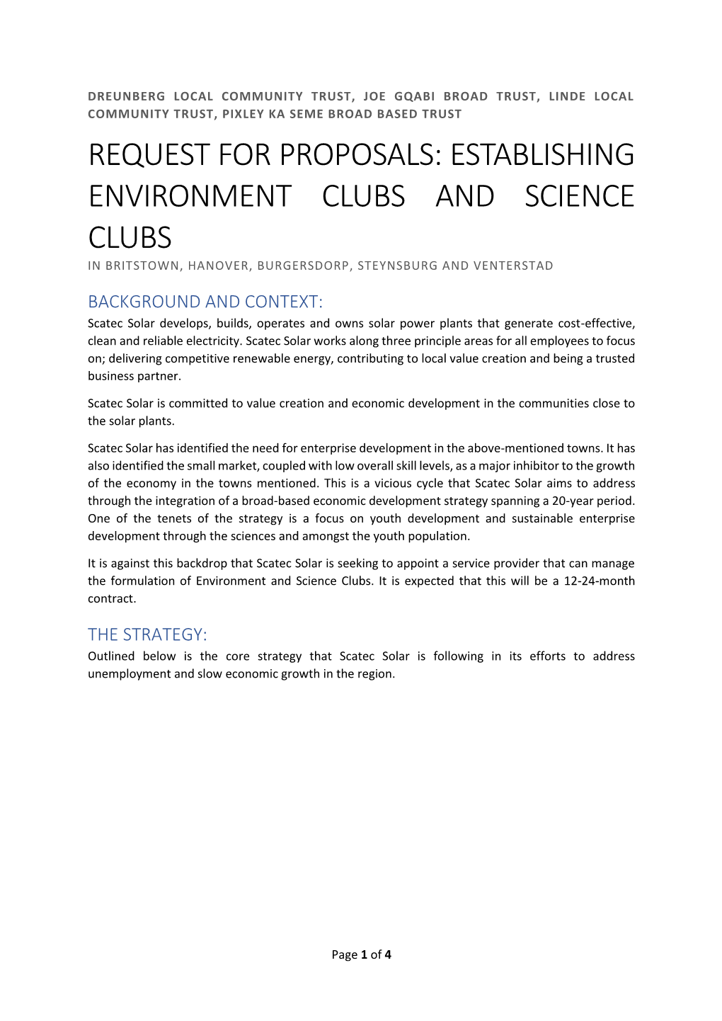 Request for Proposals: Establishing Environment Clubs and Science Clubs in Britstown, Hanover, Burgersdorp, Steynsburg and Venterstad