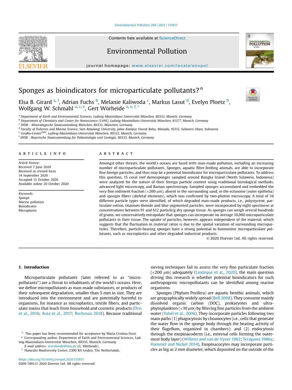 Sponges As Bioindicators for Microparticulate Pollutants?*