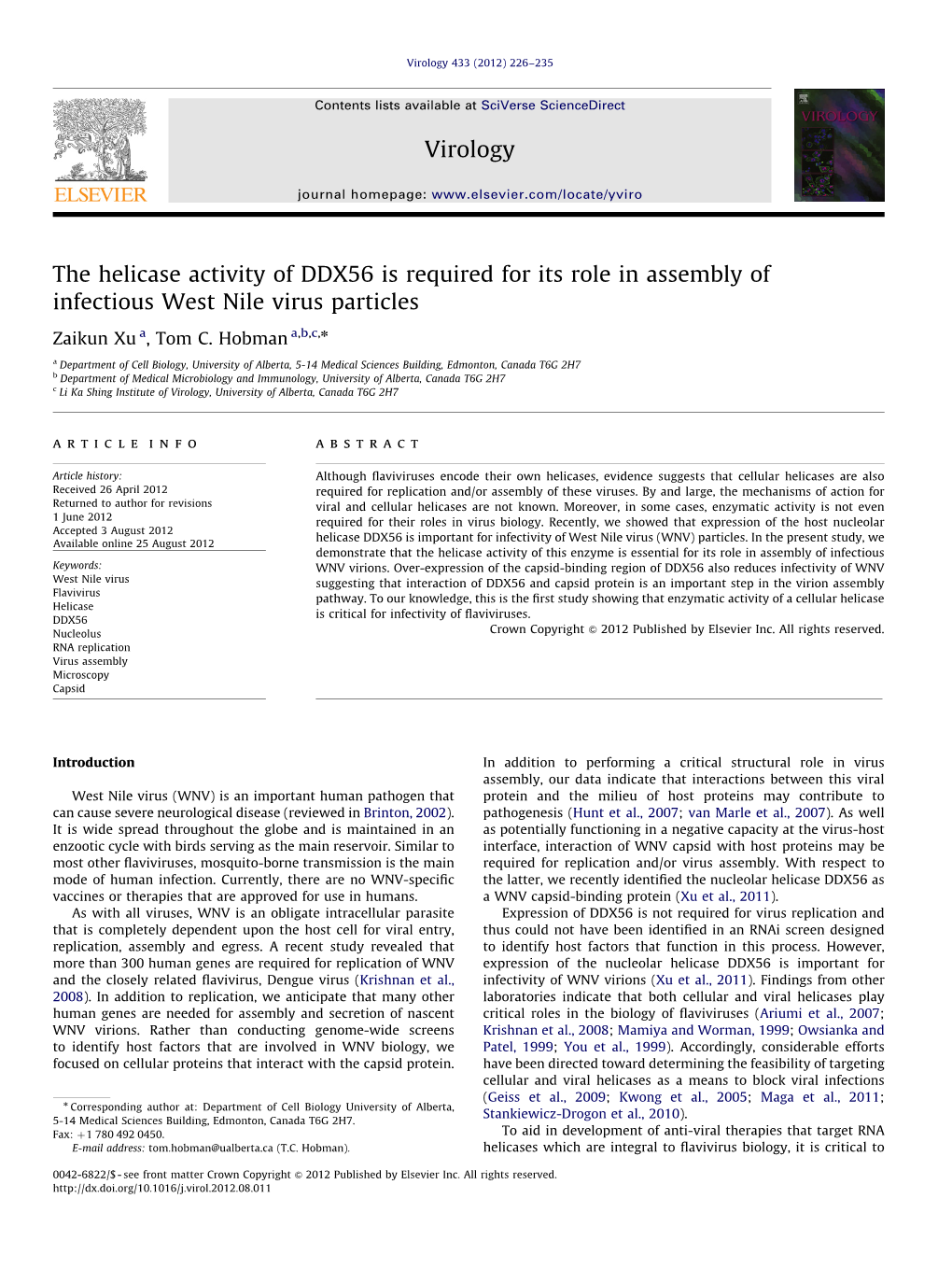 The Helicase Activity of DDX56 Is Required for Its Role in Assembly of Infectious West Nile Virus Particles