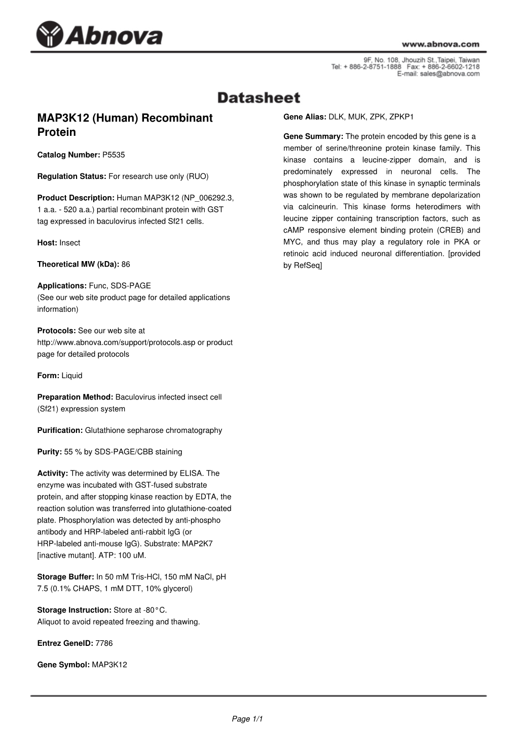 MAP3K12 (Human) Recombinant Protein