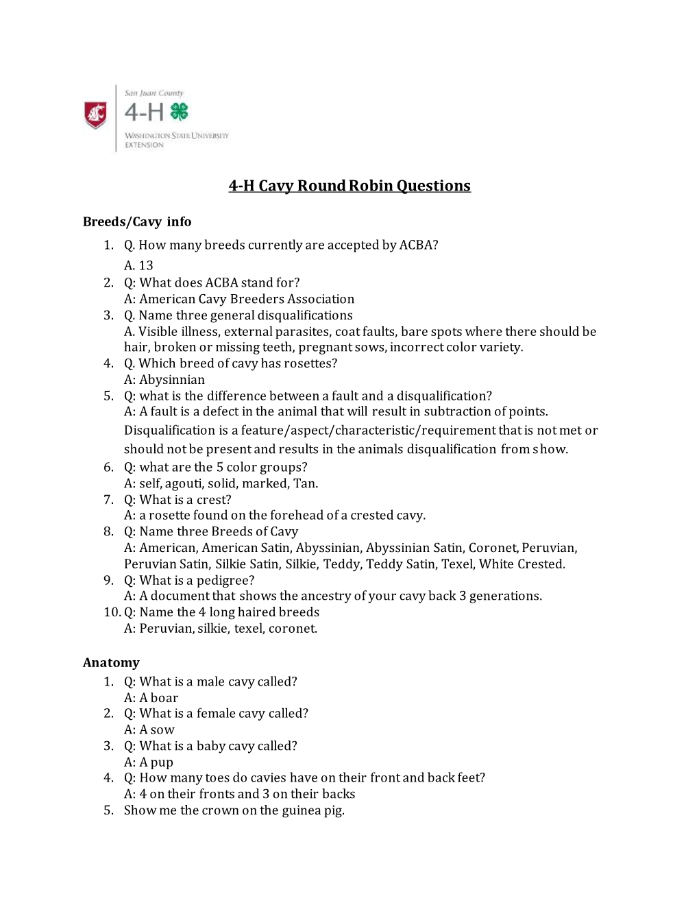 4-H Cavy Round Robin Questions