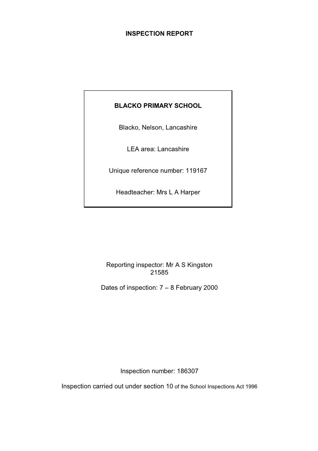 INSPECTION REPORT BLACKO PRIMARY SCHOOL Blacko, Nelson