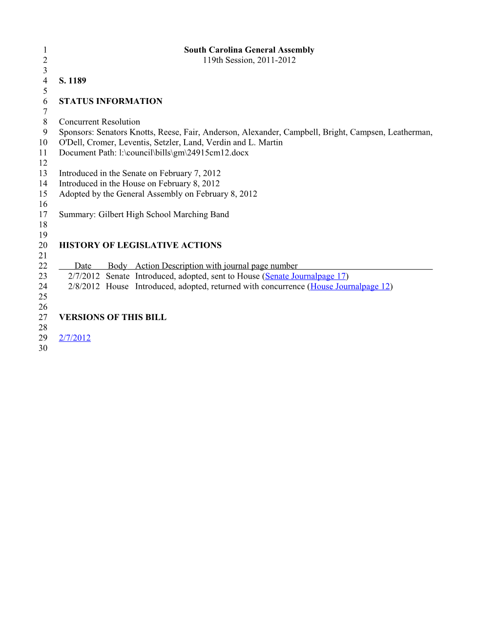 2011-2012 Bill 1189: Gilbert High School Marching Band - South Carolina Legislature Online