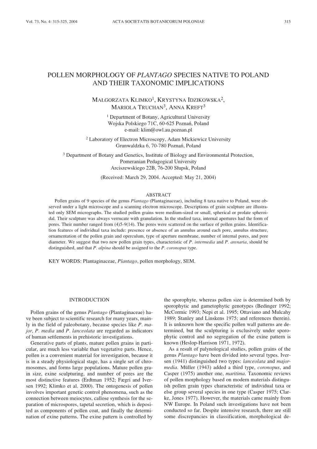 Pollen Morphology of Plantago Species Native to Poland and Their Taxonomic Implications