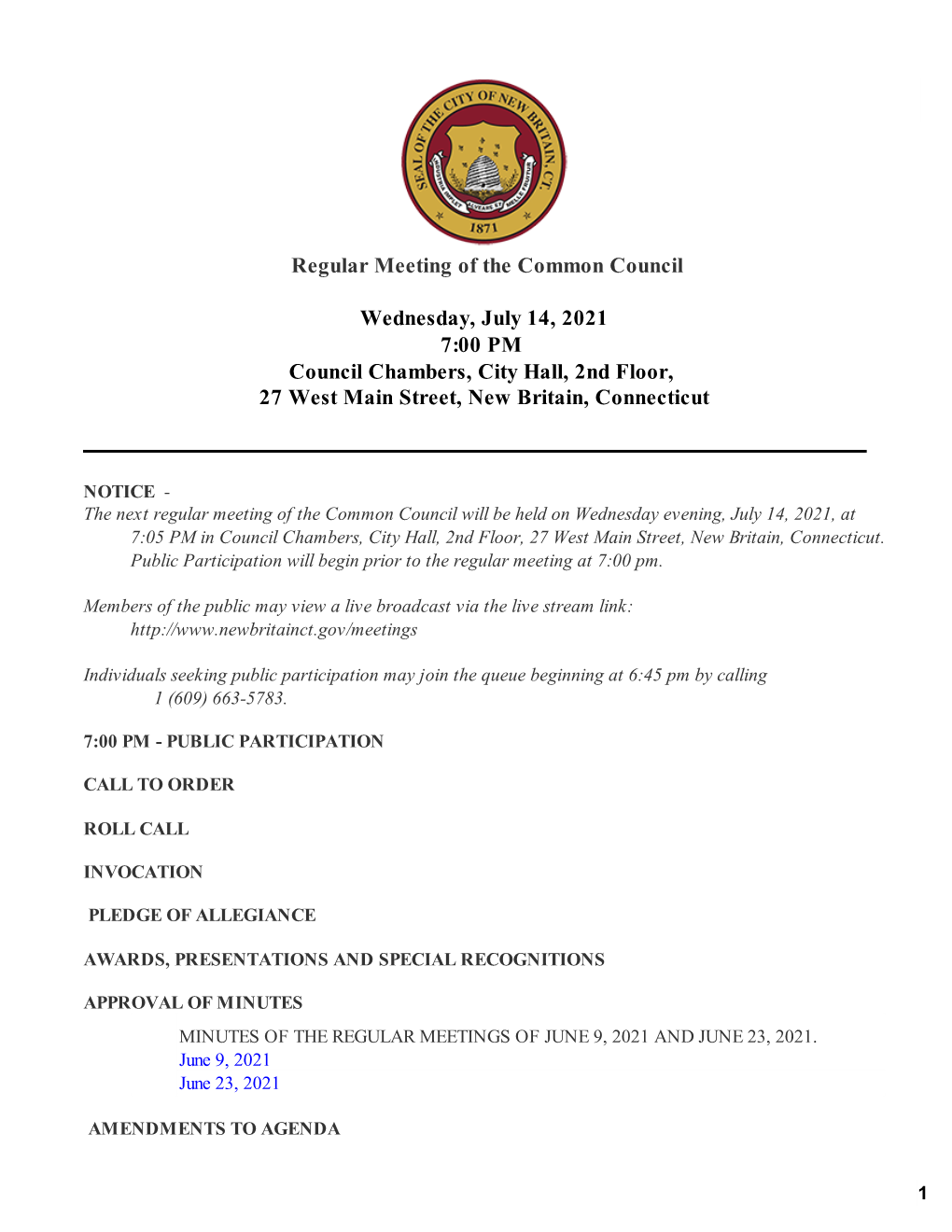Regular Meeting of the Common Council Wednesday, July 14, 2021