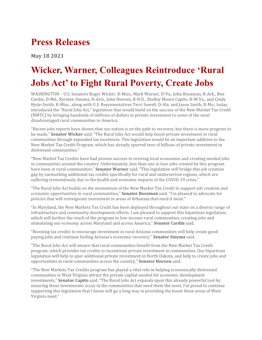 Press Release: Wicker, Warner, Colleagues Reintroduce 'Rural Jobs Act' to Fight Rural Poverty, Create Jobs