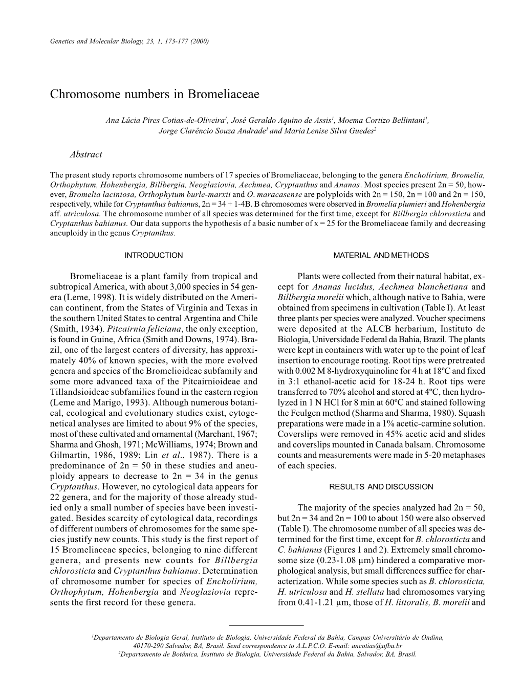 Chromosome Numbers in Bromeliaceae