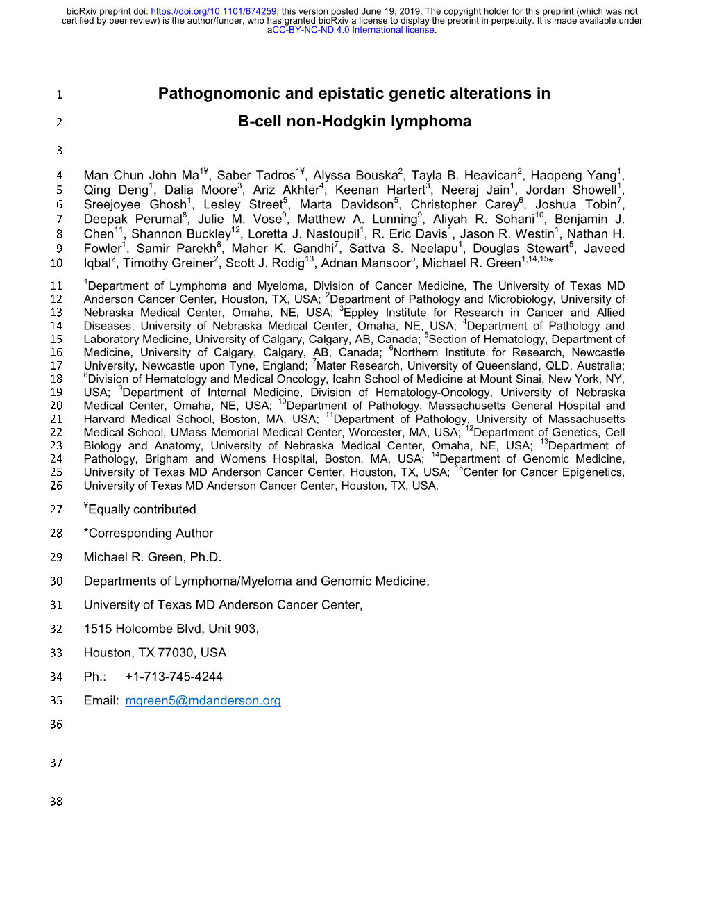 Pathognomonic and Epistatic Genetic Alterations in B-Cell Non-Hodgkin