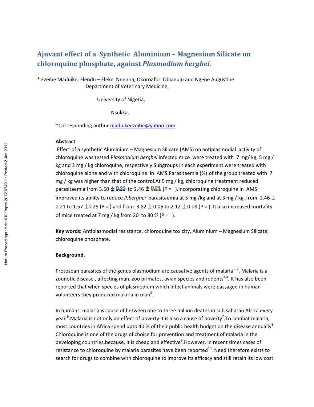 Magnesium Silicate on Chloroquine Phosphate, Against Plasmodium Berghei