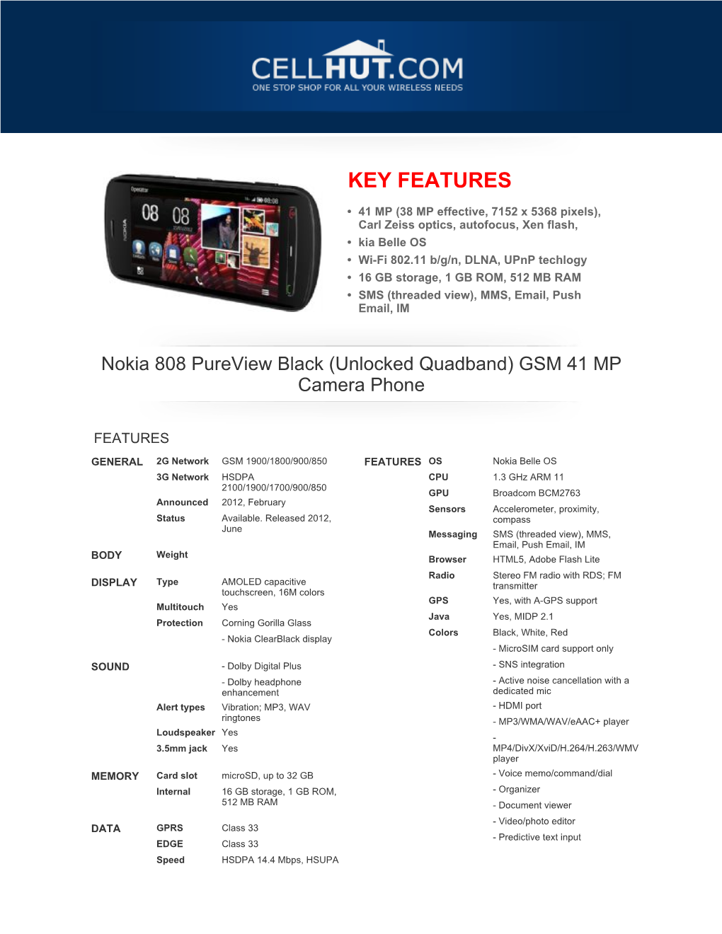 Nokia 808 Pureview Black (Unlocked Quadband) GSM 41 MP Camera Phone