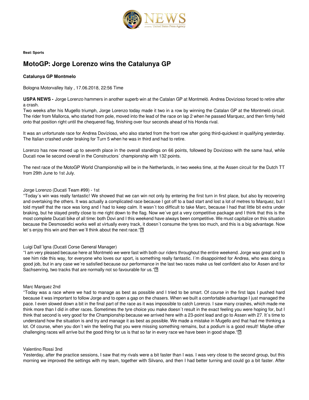 Motogp: Jorge Lorenzo Wins the Catalunya GP