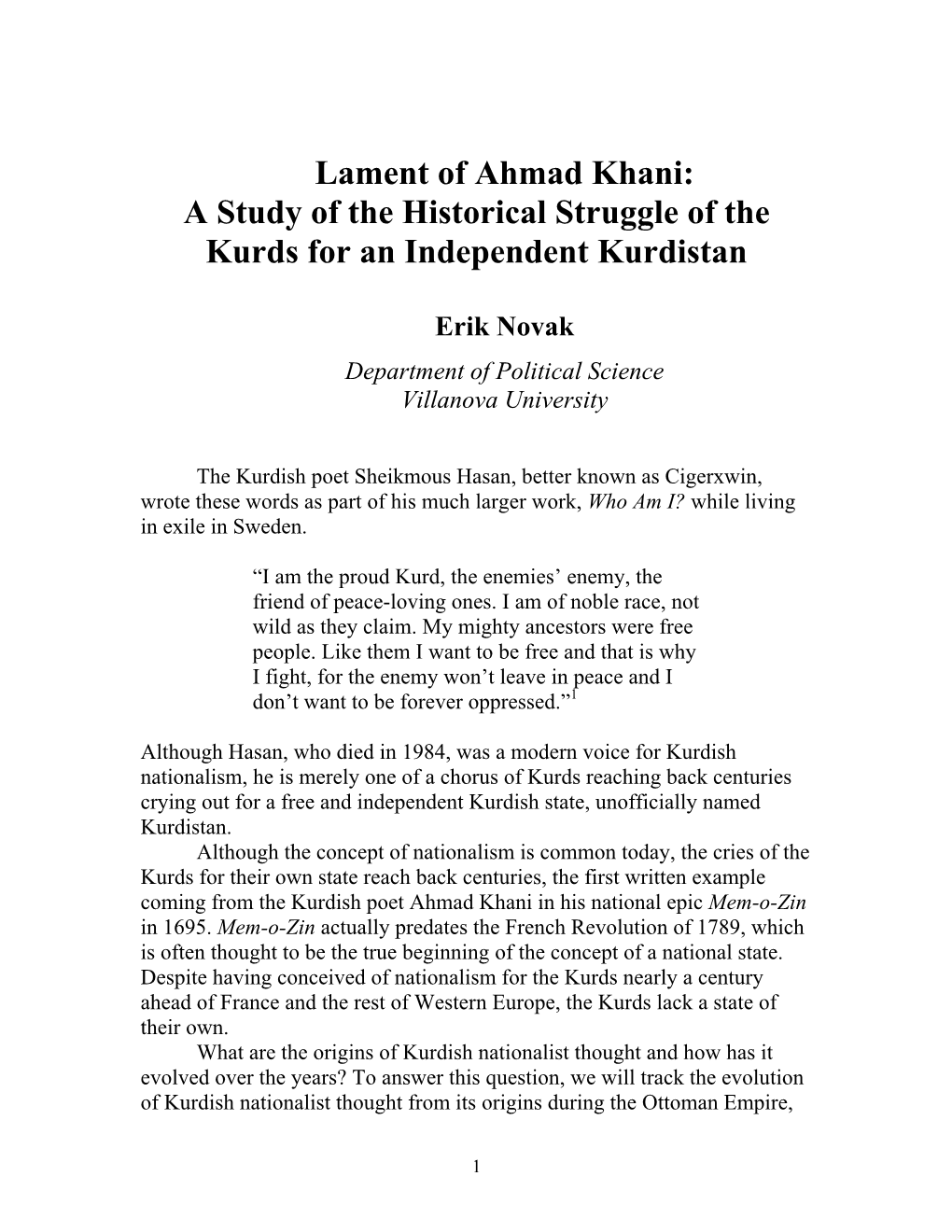 Lament of Ahmad Khani: a Study of the Historical Struggle of the Kurds for an Independent Kurdistan