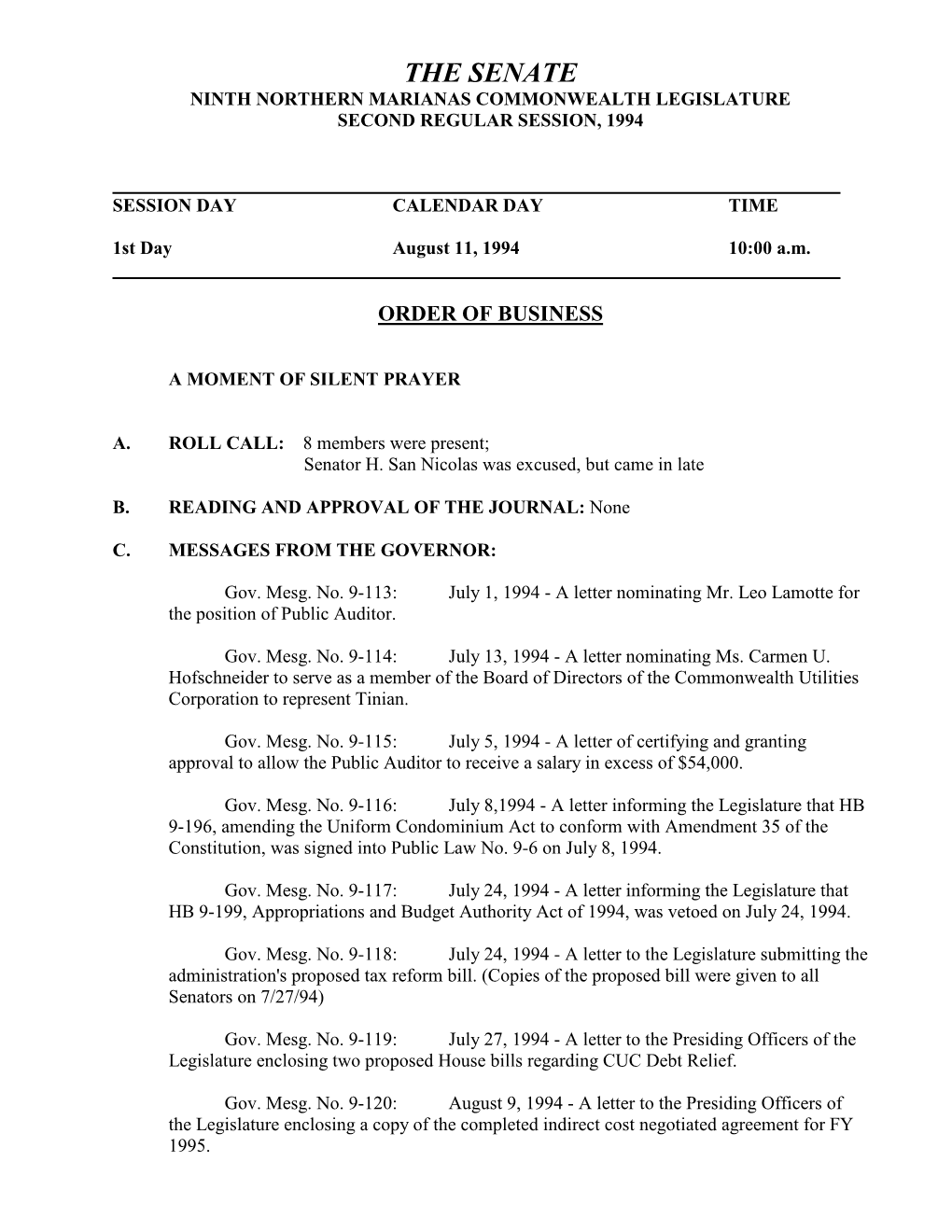 The Senate Ninth Northern Marianas Commonwealth Legislature Second Regular Session, 1994