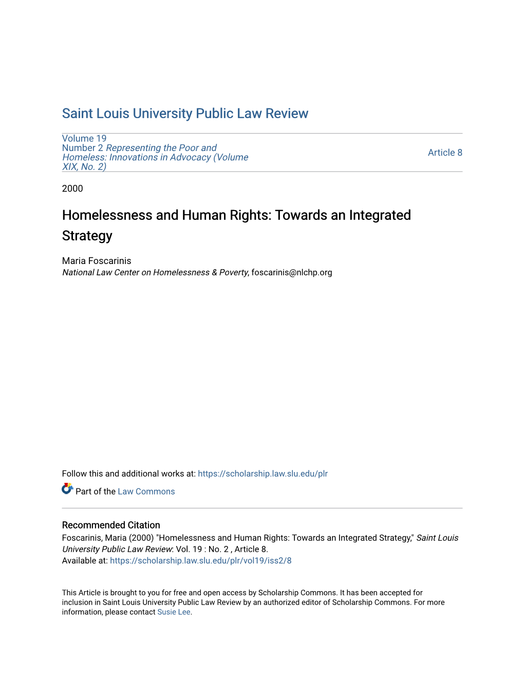 Homelessness and Human Rights: Towards an Integrated Strategy