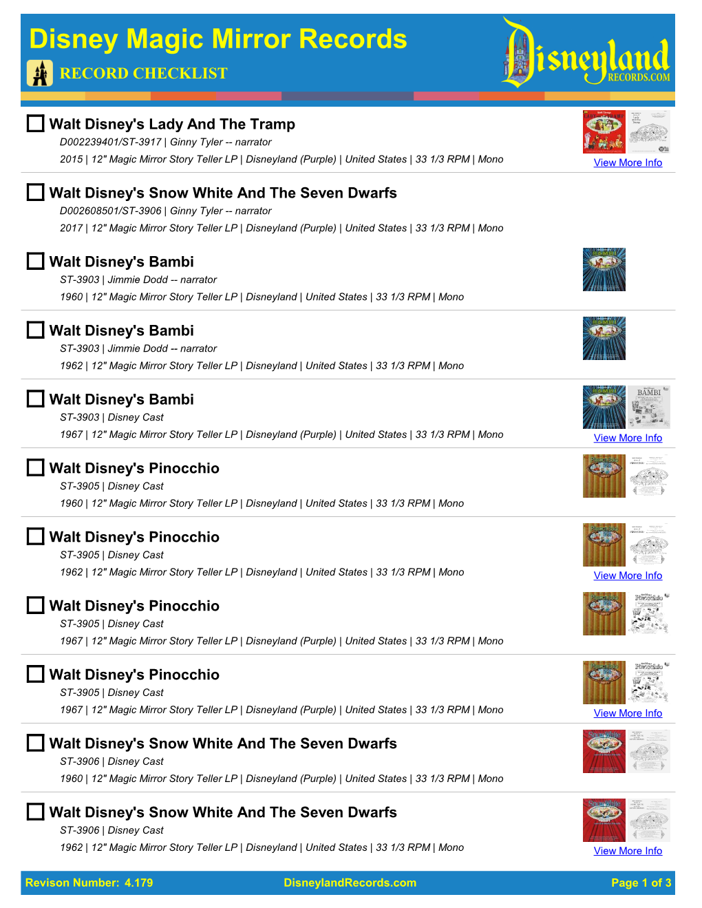 Disney Magic Mirror Records RECORD CHECKLIST