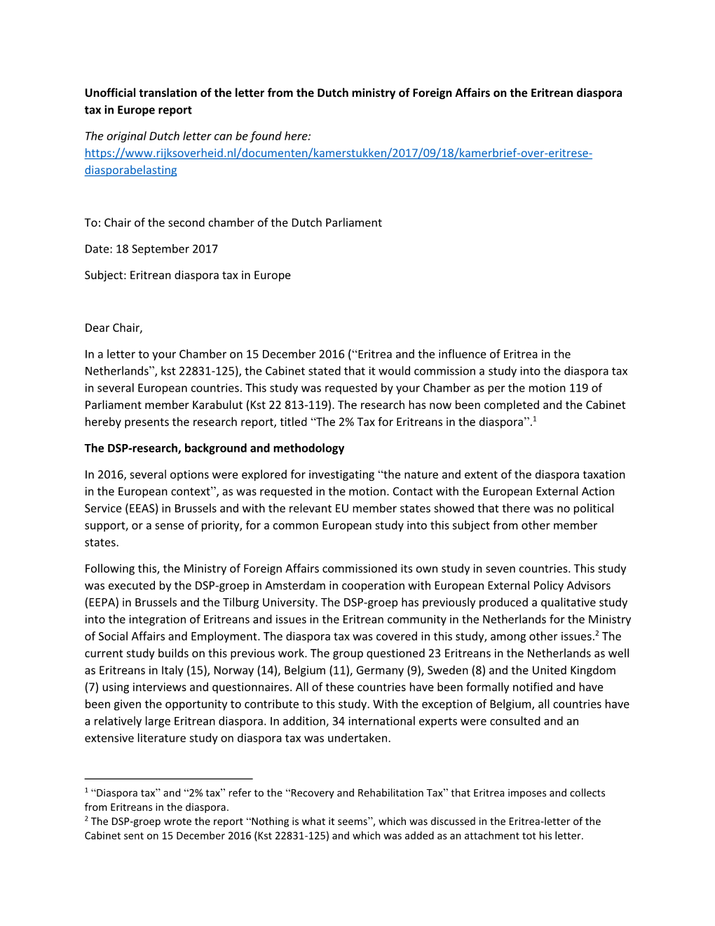 Unofficial Translation of the Letter from the Dutch Ministry of Foreign Affairs on the Eritrean Diaspora Tax in Europe Report