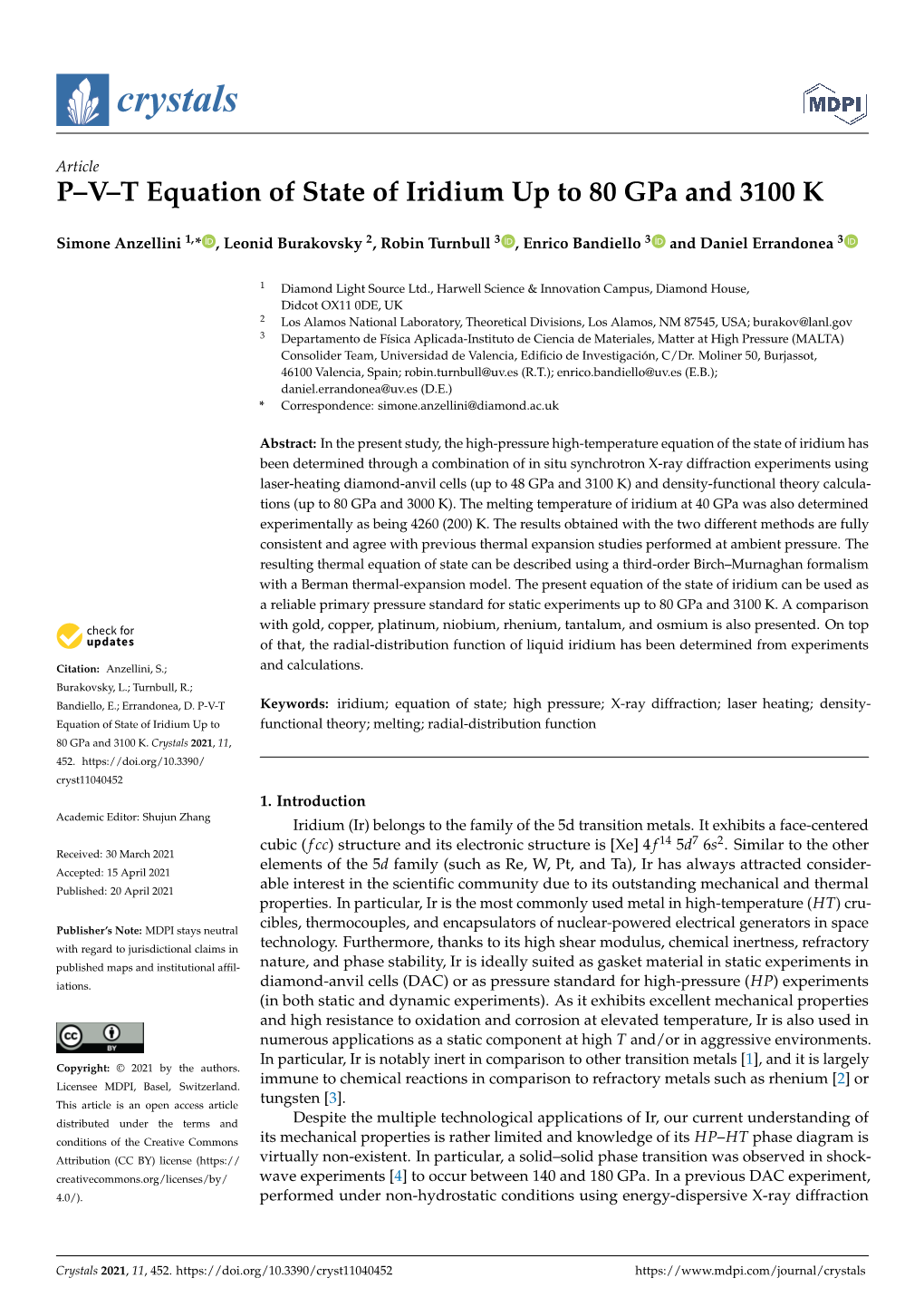 P–V–T Equation of State of Iridium up to 80 Gpa and 3100 K