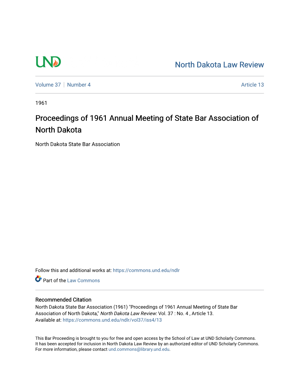 Proceedings of 1961 Annual Meeting of State Bar Association of North Dakota